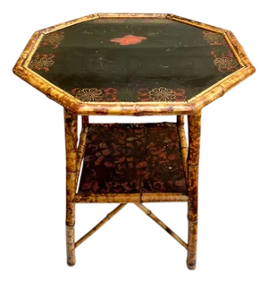 Antique Scorched Bamboo Chinoiserie Side Table With Hand-Painted Lacquer Top, Early 20th Century