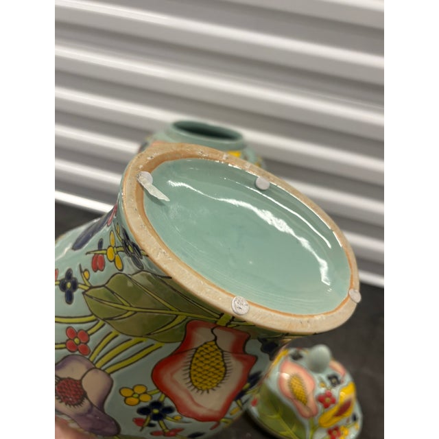 Hand Painted Floral Colorful Ceramic Ginger Jars With Lids - A Pair For Sale - Image 4 of 8