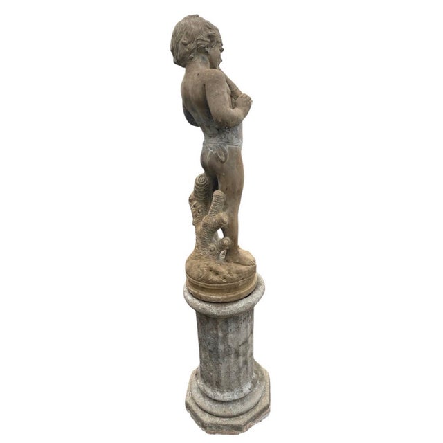 Greige Vintage Cast Stone Centerpiece Fountain Featuring a Pan Flute Playing Putto on a Column For Sale - Image 8 of 12