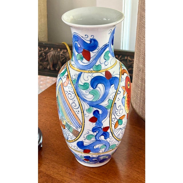 Large 12” vintage Mid-Century Chinese vase. Beautiful songbird design in an orange-reddish hue with swirls in turquoise,...