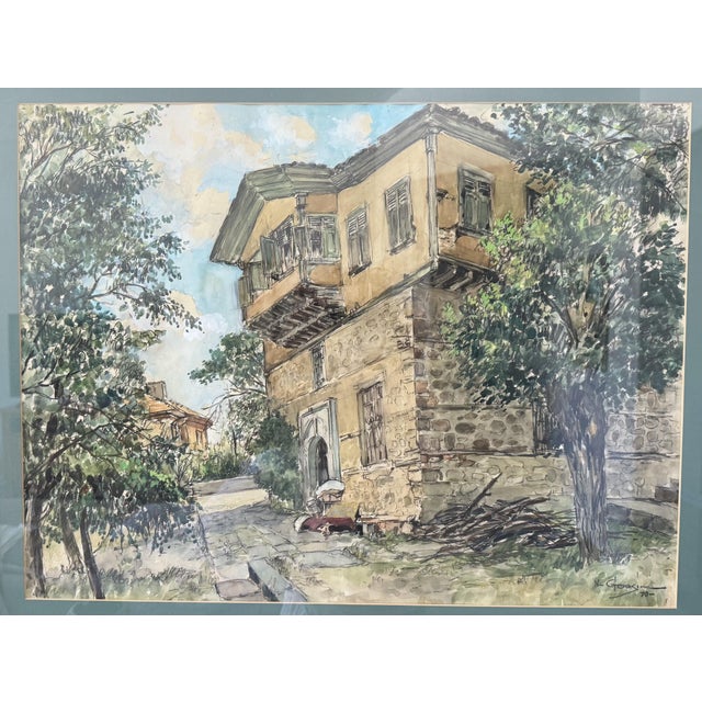 Illustration Framed Watercolor on Paper Turkish Brick House by Nimetullah Gerasim For Sale - Image 3 of 12