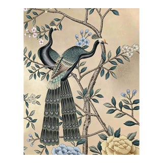 Chinoiserie Gilded Peacock Mural Panel, Luxury Champagne Metallic Floral Wall Art For Sale