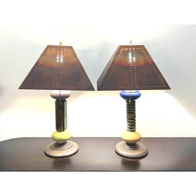 Copper Andrew Wender Studio Pottery Raku Totem Lamps With Custom Copper Shades, Signed - A Pair For Sale - Image 8 of 18