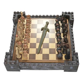 Ceramic Medieval Chessboard & Pieces, 1970s For Sale