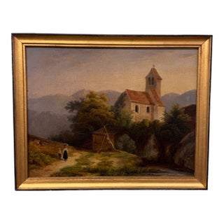 19th Century Oil on Canvas French Church For Sale