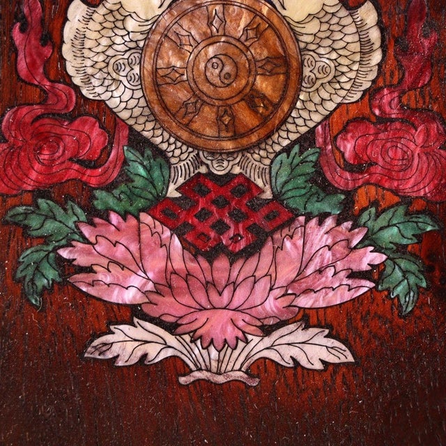 Wood Late 20th Century Wooden Plaque With Mother-of-Pearl Auspicious Symbols Inlay For Sale - Image 7 of 9