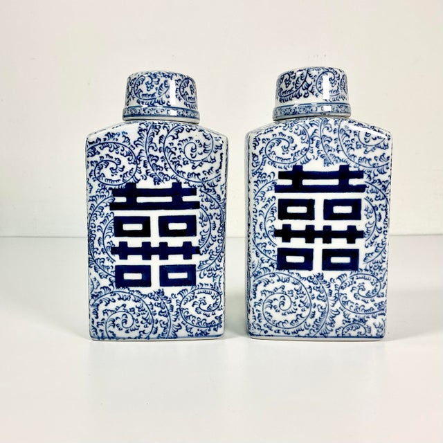 Mid-Century Boho Chic Chinoiserie Hollywood Regency Blue & White Square Happiness Ginger Jars - A Pair For Sale - Image 15 of 15