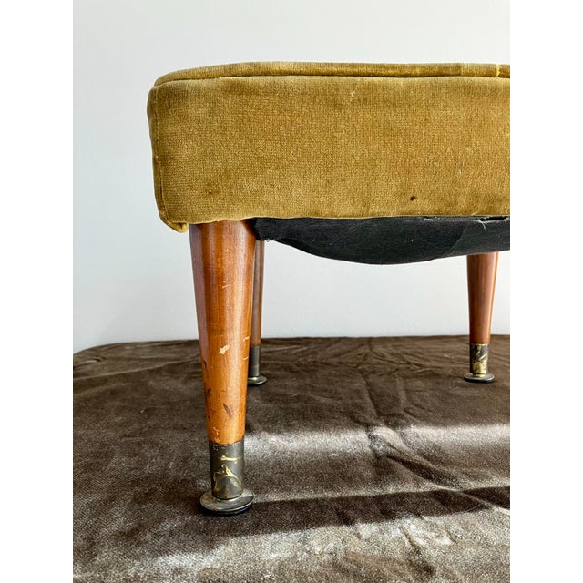 Mid-Century Modern Needlepoint & Chartreuse Velvet Footstool — Vintage Square Ottoman With Tapered Walnut Legs and Brass Ferrule Accents For Sale - Image 12 of 18
