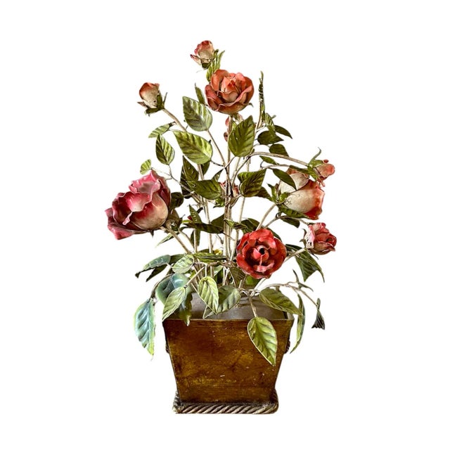 Mid 20th Century Vintage Large Italian Tole Potted Rose Bouquet Flower / Floral Arrangement Sculpture in Gilt Pot For Sale - Image 5 of 10