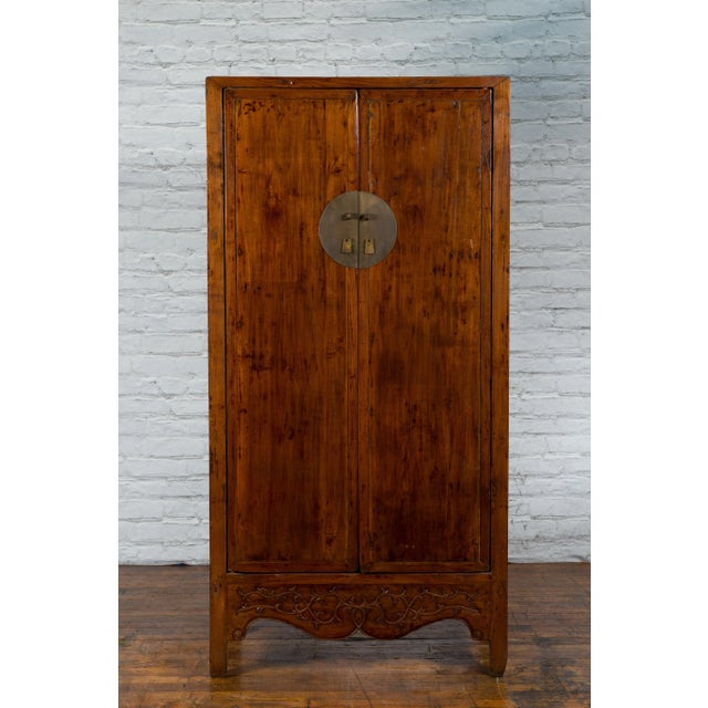19th Century Chinese Qing Dynasty Brown Finish Cabinet with Carved Apron For Sale - Image 9 of 13