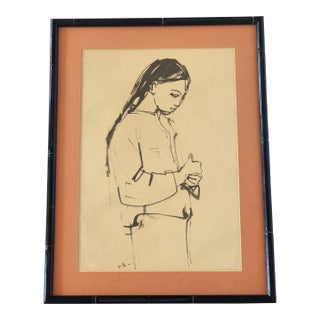 Mid Century Ruth Schloss "A Young Girl" Framed Original Drawing For Sale