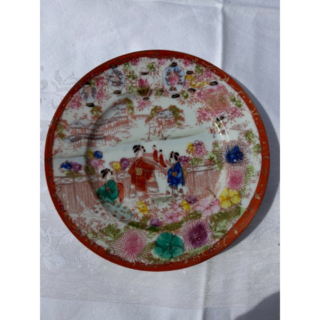 Ceramic Vintage 7" Japanese Kutani Hand-Painted Porcelain Plate With Geishas & Lanterns For Sale - Image 7 of 12