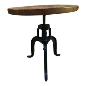 Vintage Industrial Wood Top Crank Table With Wrought Iron Base