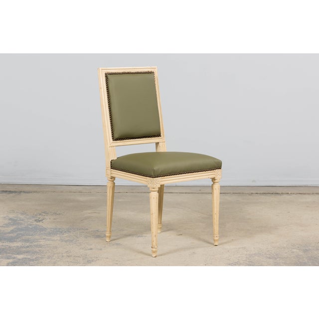 Antique French Louis XVI Style Painted Dining Chairs in Olive Green Leather - Set of 8 For Sale - Image 16 of 18
