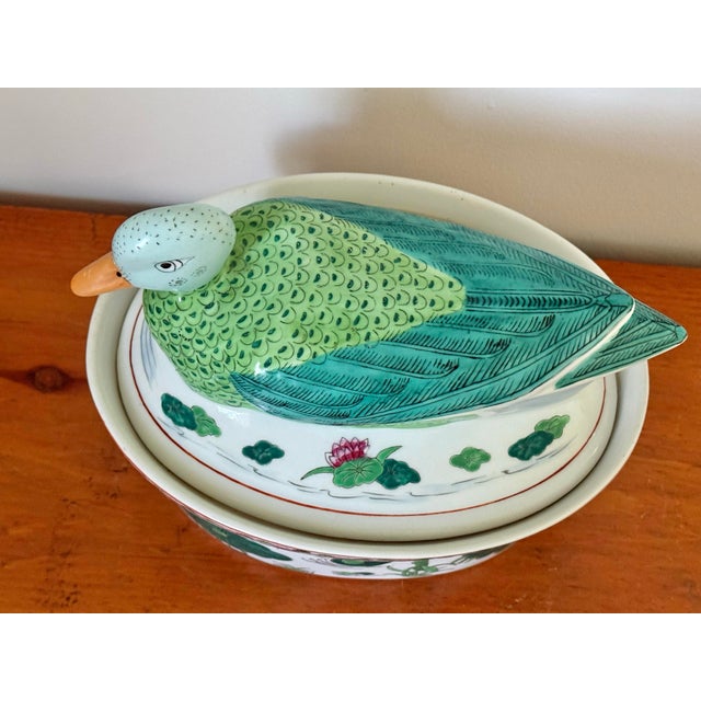 1980s Chinese export duck lidded dish of beautifully hand-painted porcelain. Please see condition details noted. Most...