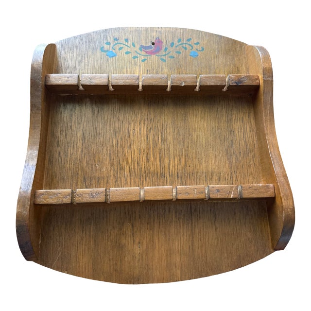 Vintage Folk Art Wooden Spoon Rack With Painted Bird Motif 12 Slots For Sale
