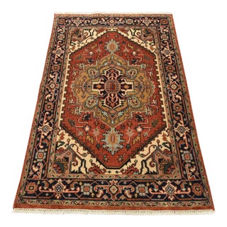 Heriz Rug 3’11” X 5’10” Red Wool Tribal Hand-Knotted Oriental Carpet For Sale