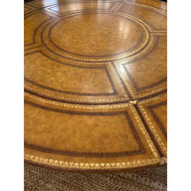 Maitland Smith Round Tooled Leather & Mahogany Extension Dining Center Table For Sale - Image 9 of 17