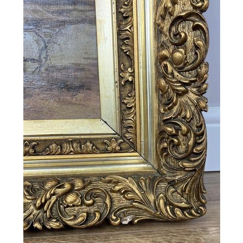 Gold Coastal Boats Scene, Oil, Framed For Sale - Image 8 of 17