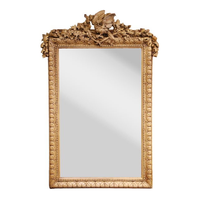 19th Century French Black Forest Carved Bleached Oak Wall Mirror With Bird Crest For Sale