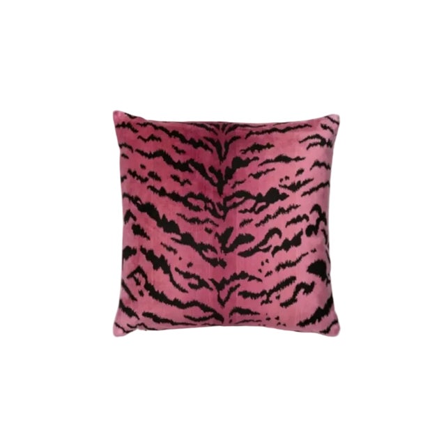 Newly made 22" SQ iconic signature Scalamandre Tigre woven ombre velvet throw pillow in hot pink, (also known as "reds &...