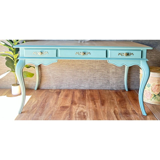 Mid-Century Louis XV Style Refinished Teal-Turquoise Solid Wood 3-Drawer Desk For Sale - Image 11 of 12