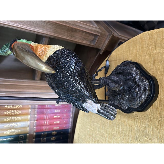 Toucan Lamp in Bronze and Porcelain with Oval Lampshade by Gand & C For Sale - Image 4 of 6