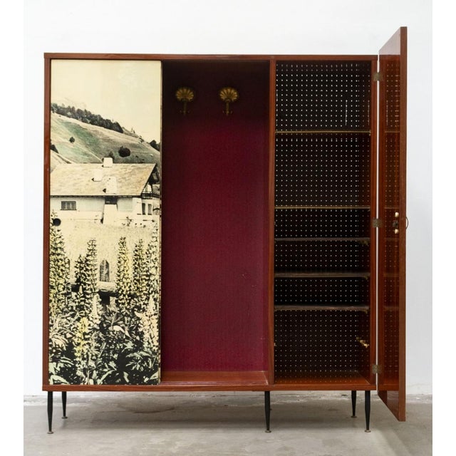 1960s mahogany veneered plywood coat rack The wardrobe features three doors decorated with a large mountain landscape...