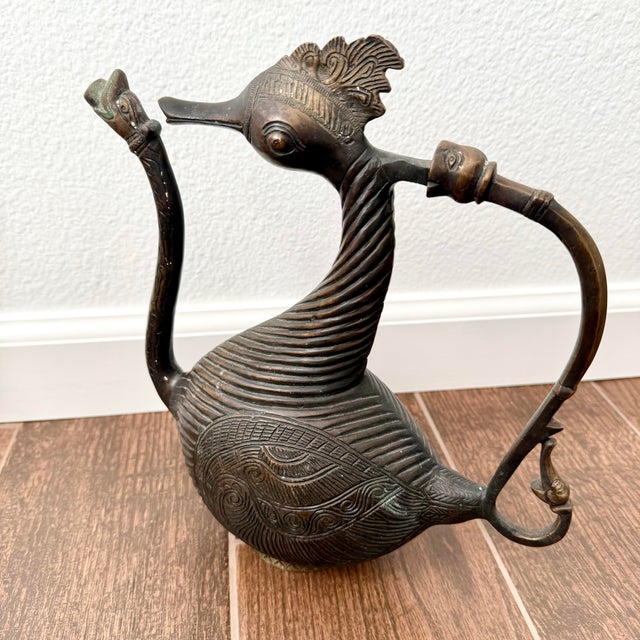 Two Antique Aquamanile Mughal Bronze Ritual Hamsa Goose / Swans W Golden Eyes For Sale In Palm Springs - Image 6 of 12