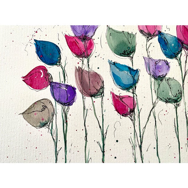 Modern Floating Flowers Watercolor Painting by Sandra Wright For Sale - Image 3 of 3