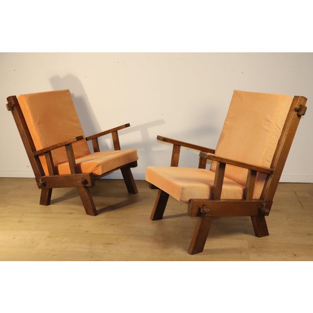 Brutalist Armchairs in Oak and Velvet, 1960s-1970s, Set of 2 For Sale - Image 18 of 18