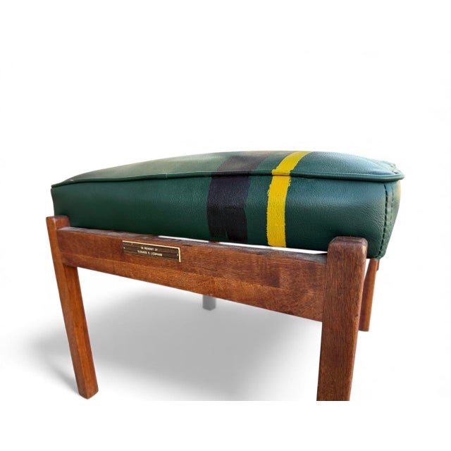 Mid-Century Modern Vintage Mid-Century Modern Walnut and Green Leatherette Bench in British Racing Motif For Sale - Image 3 of 9