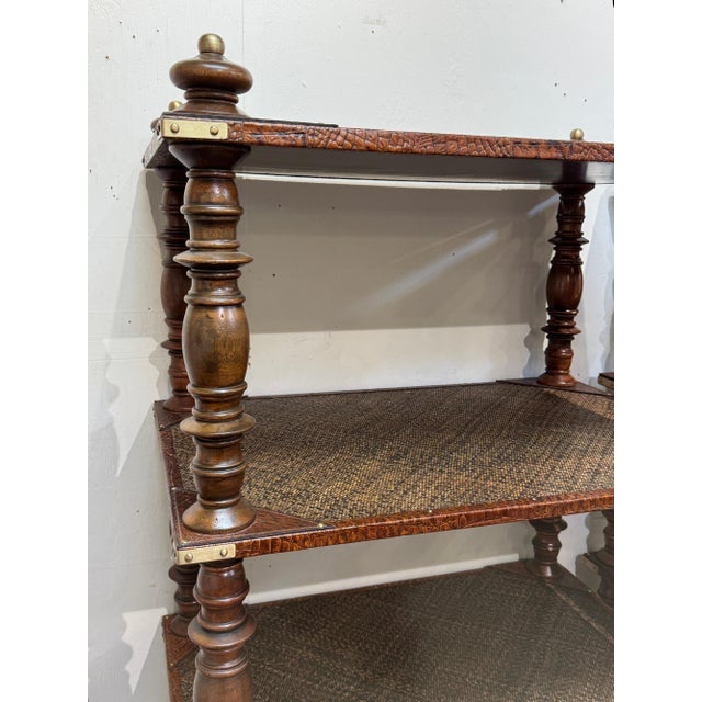 Pair of Four-Tier Anglo-Indian Leather, Brass & Rattan Étagères/ Shelves For Sale - Image 10 of 12