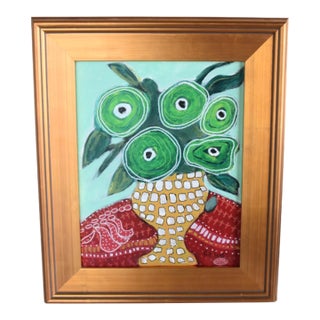 Abstract Floral Green Flowers in a Vase Painting by Ruth Arenz Including the Antiqued Gold Wood Frame For Sale