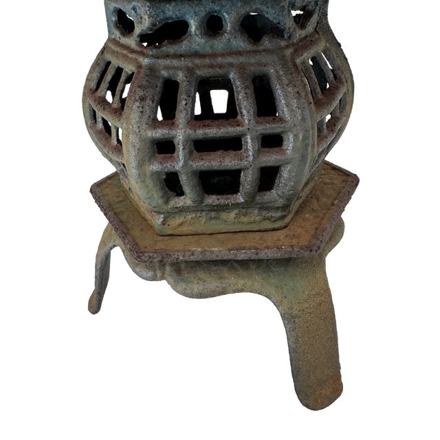 Vintage Japanese Cast Iron Pagoda Garden Lantern Verdigris Marked Japan For Sale - Image 4 of 15