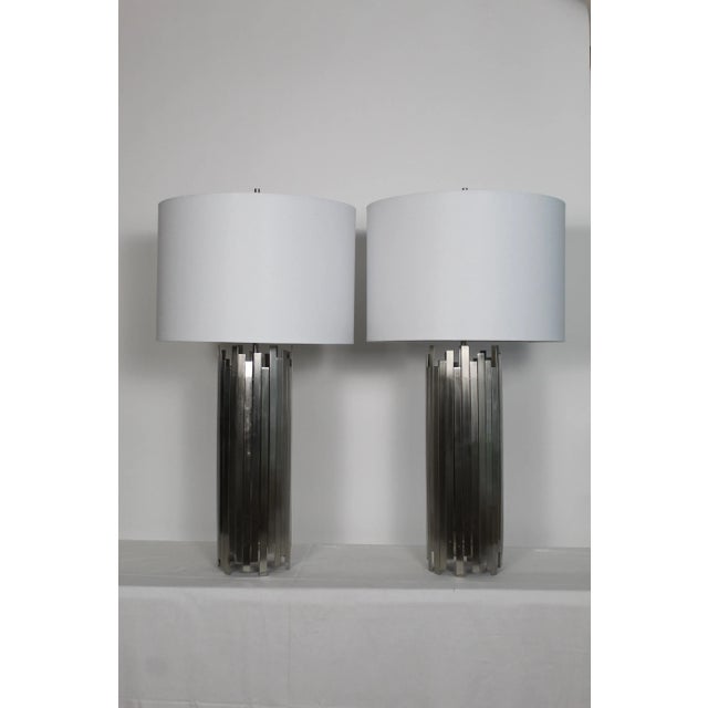 Mid-Century Modern Paul Mayen Influence Brushed Steel Lamps - a Pair For Sale - Image 3 of 12