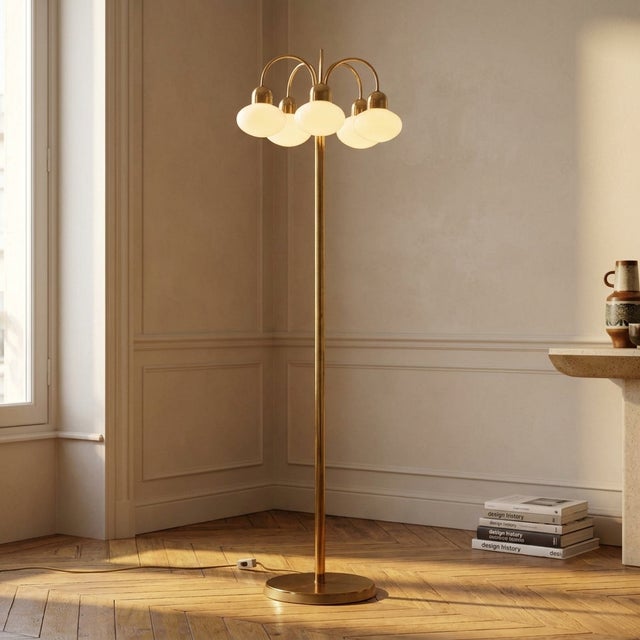 Vintage Brass Floor Lamp with Five Opaline Glass Shades, 1950s For Sale - Image 3 of 9
