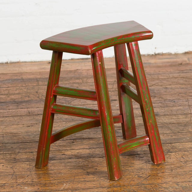 Japanese Late Meiji Period Red and Green Lacquered Stool with Semicircular Seat For Sale - Image 10 of 13