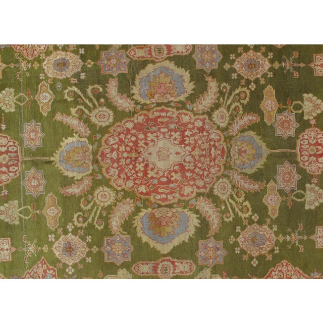 19th Century Antique Persian Sultanabad Green, Coral-Red, Light Blue, Gold & Ivory Rug For Sale - Image 5 of 5