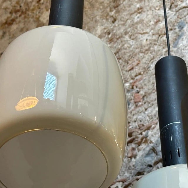 1960s Stilnovo Attributed Mid-Century Modern Gray Opaline Italian Chandelier Elevate your space with this stunning 1960s...