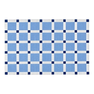 Handmade Cotton Vegetable Dyed Rug, Sky Blue and White Tile Geometric Dhurrie-6'x9' For Sale