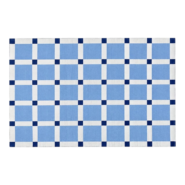Handmade Cotton Vegetable Dyed Rug, Sky Blue and White Tile Geometric Dhurrie-6'x9' For Sale