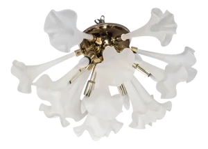 Handblown Flush Mount Murano Chandelier in Brass with Frosted Glass Flowers