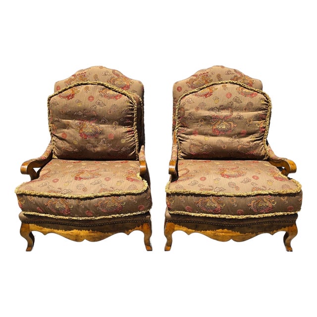 French Bergère Armchairs Chinoiserie Fabric Down Cushions by Classics Furniture For Sale