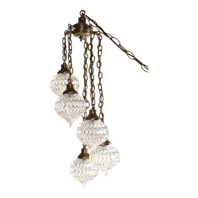 1970s Five Crystal Prisms Swag Pendant Chandelier Neoclassical French Inspired For Sale