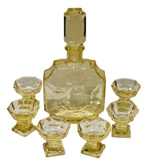 Art Deco Decanter Set in Yellow Glass by Moser/Bohemia, Czech, 1920s