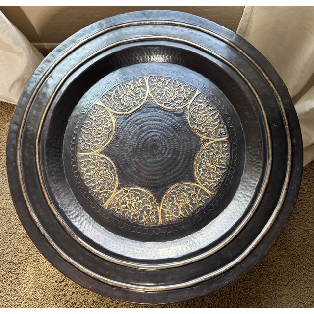 Large 30” Persian Style Repousse Floral Brass Tray Black Bronze Finish For Sale - Image 11 of 12