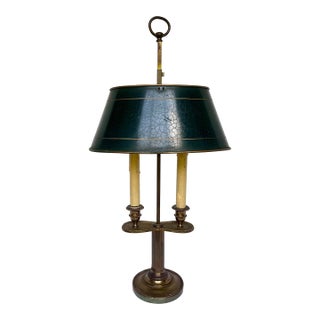 Vintage French Brass Bouillotte Two Candle Lamp W/Green Metal Shade For Sale