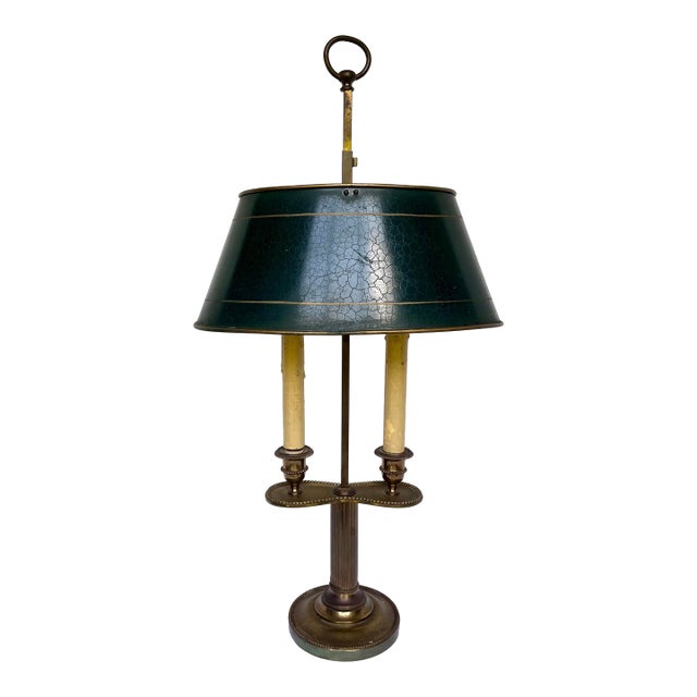 Vintage French Brass Bouillotte Two Candle Lamp W/Green Metal Shade For Sale