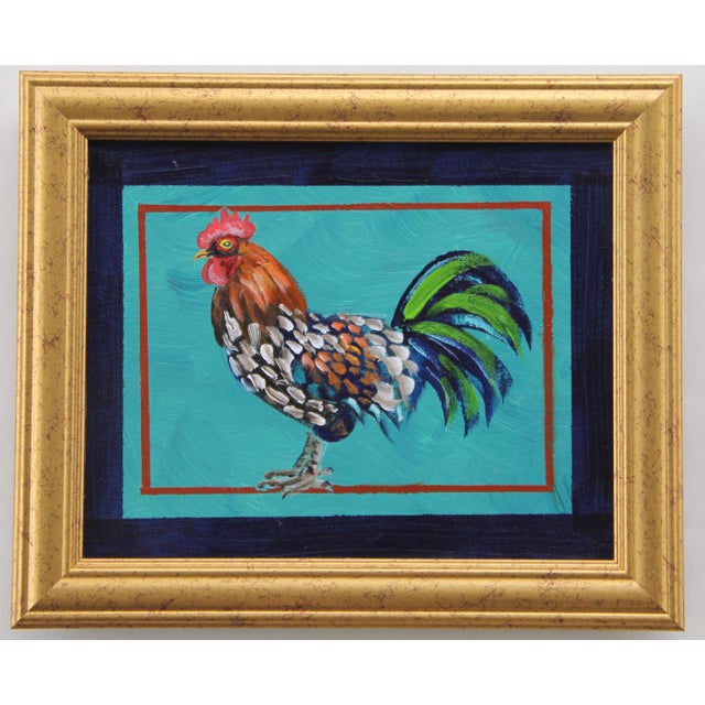 A rooster chicken bird in shades of turquoise, sienna, blue, black red, and multiple borders. Minimalism, Americana,...